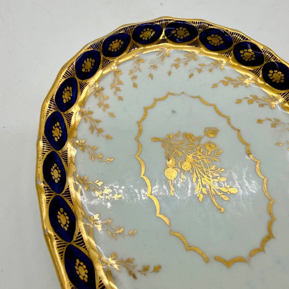 Antique‎ Cobalt Blue Gold Gilt Porcelain Oval Trinket Dish Floral Scalloped Rim